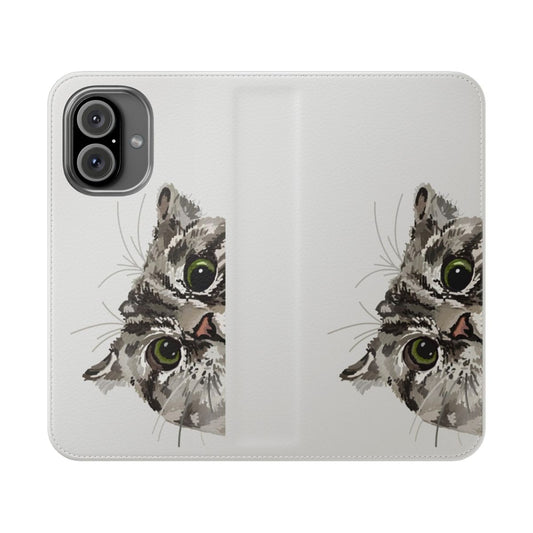 Grey tabby cat peeking out from a flip phone case