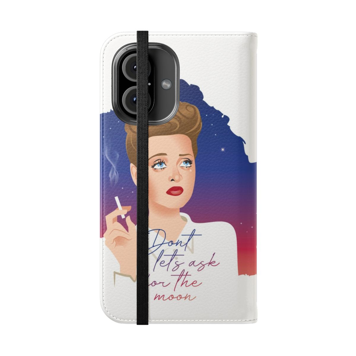 Retro flip cover phone case with Charlotte and old Hollywood inspired artwork - Folded Front