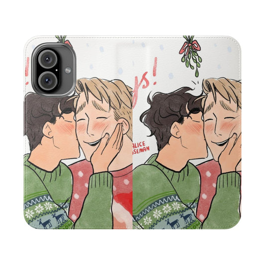 Flip cover phone case with an illustration of Nick and Charlie from the Heart Stopper series