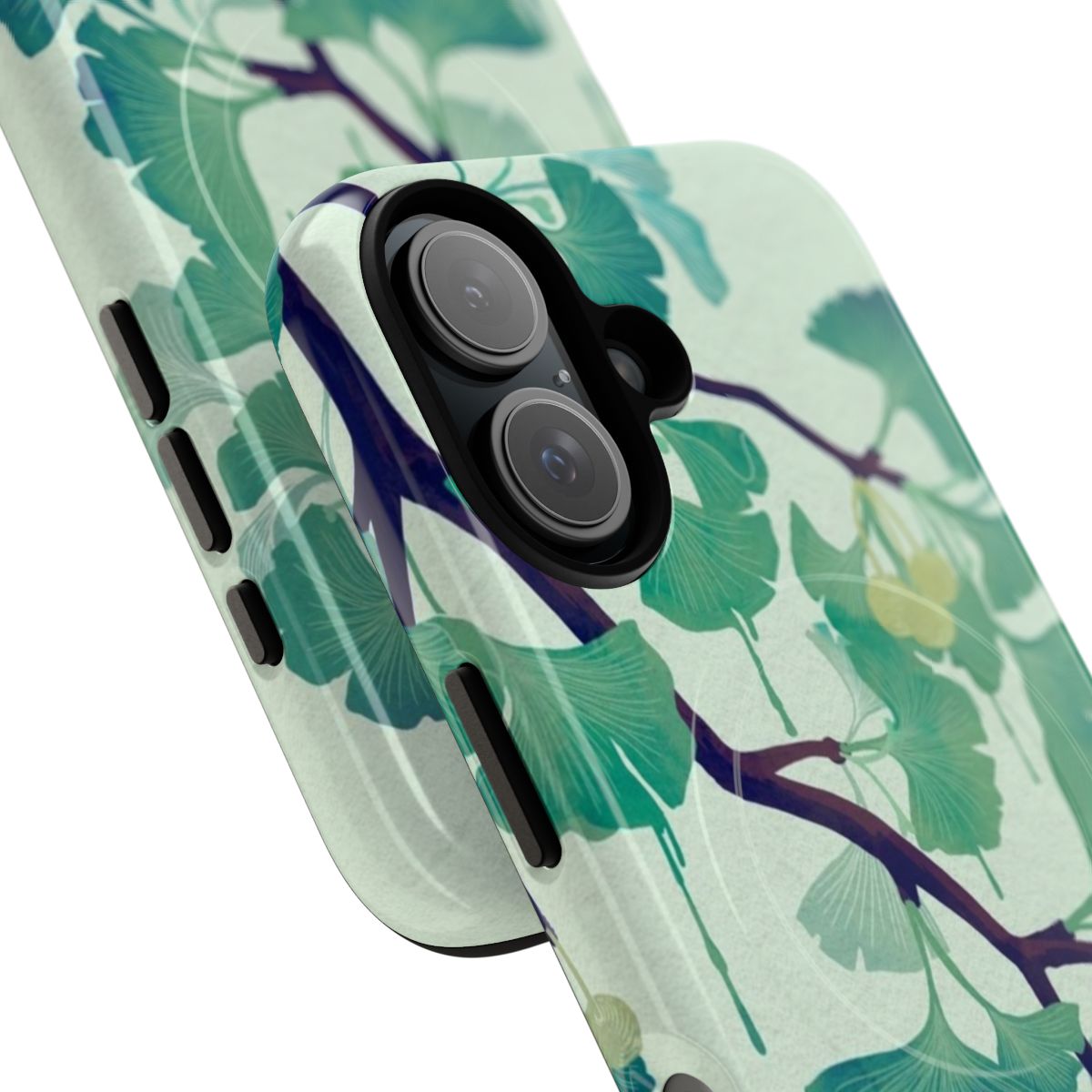 Green phone case with a surreal, nature-inspired ginkgo leaf design - Detail