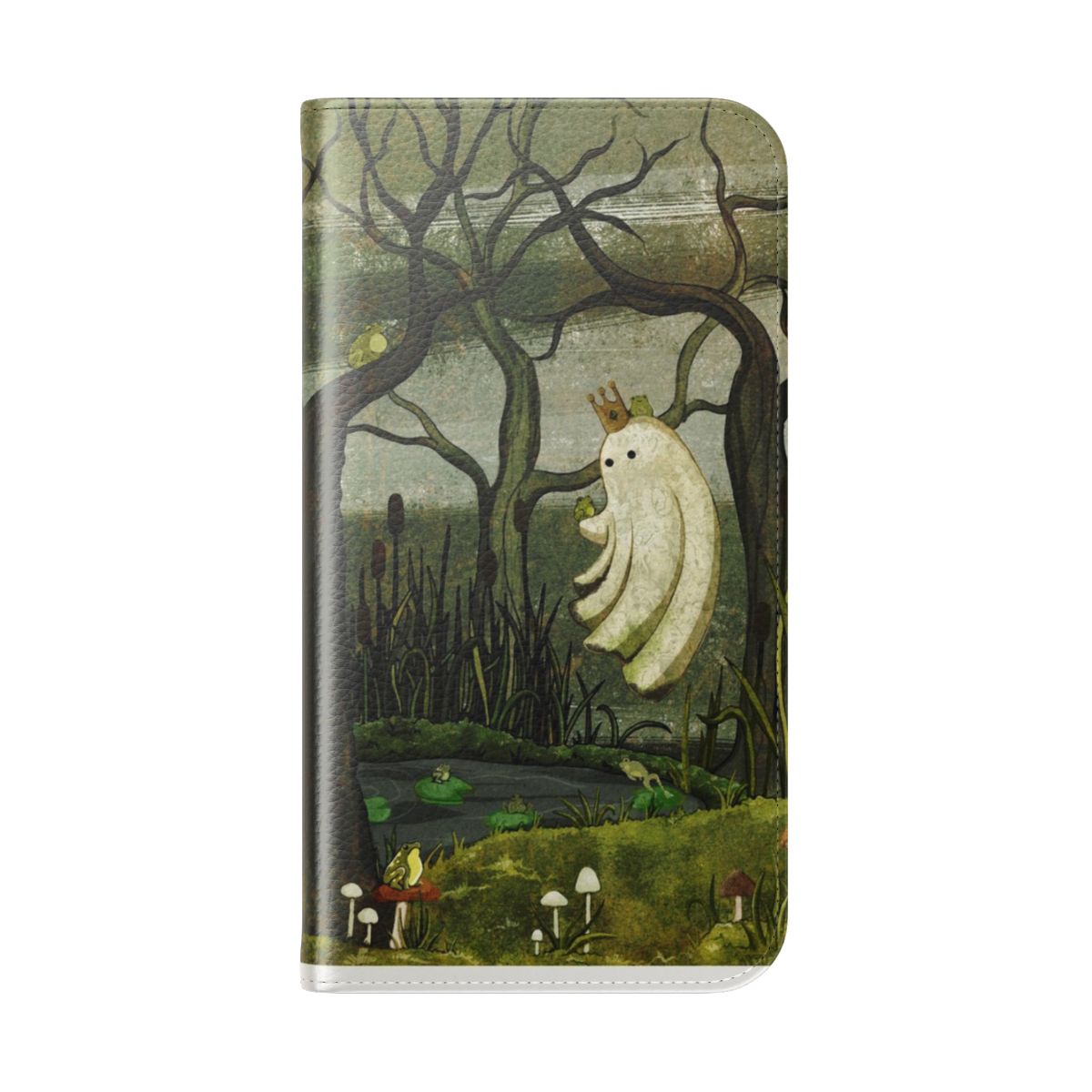 Illustration of a frog prince on a phone case with a swampy, moss-covered landscape - Folded Back