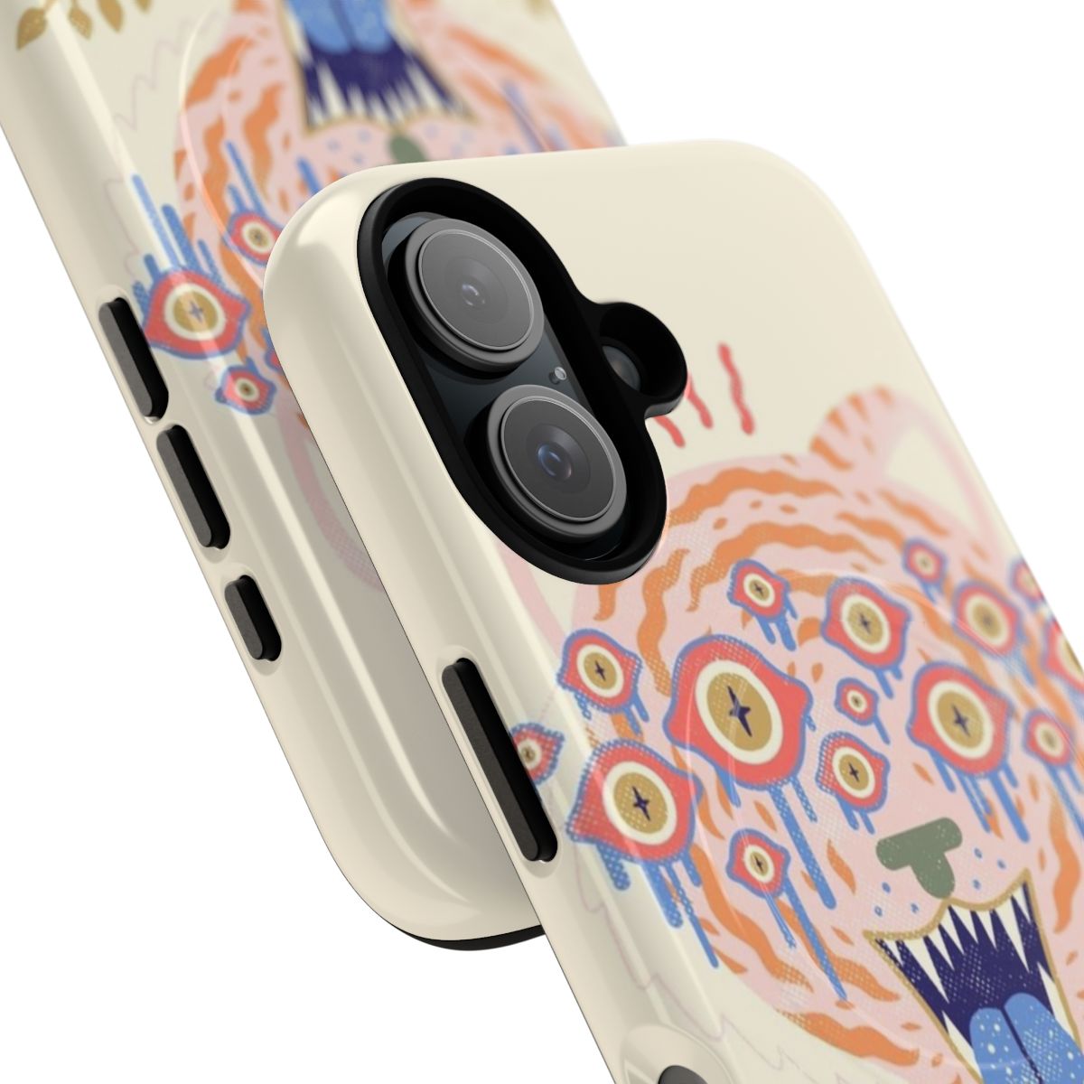 A magnetic tough phone case featuring a psychedelic tiger with pastel eyes design. - Detail