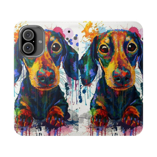 Whimsical dachshund dog art printed on a flip cover phone case