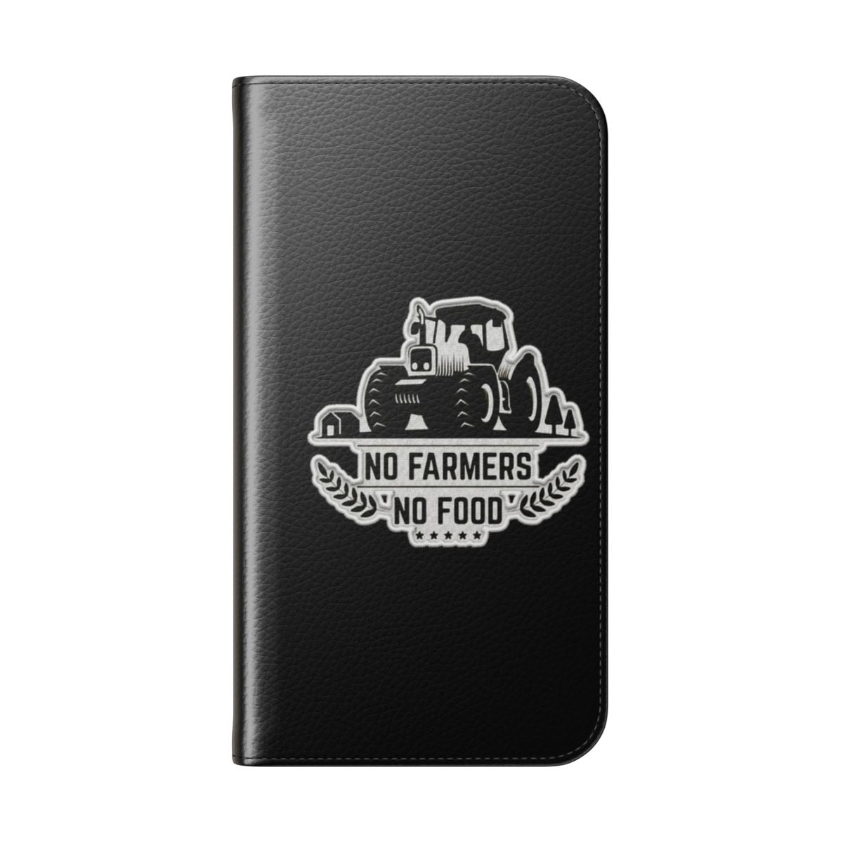 Flip cover phone case with "No Farmers No Food" patch design, supporting farmers and agriculture. - Folded Back