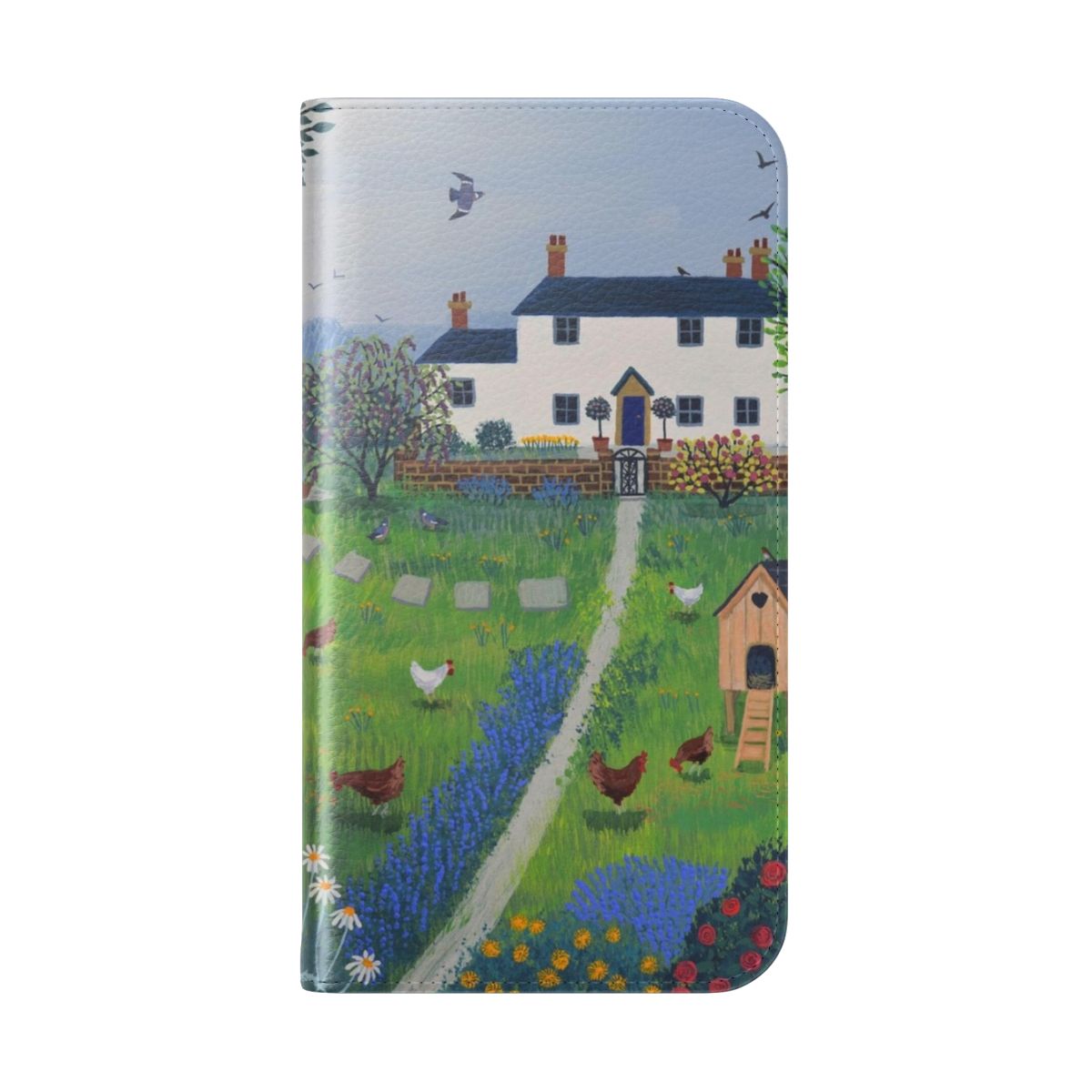 Closeup of a rustic chicken art phone case with a cottage and garden scene - Folded Back