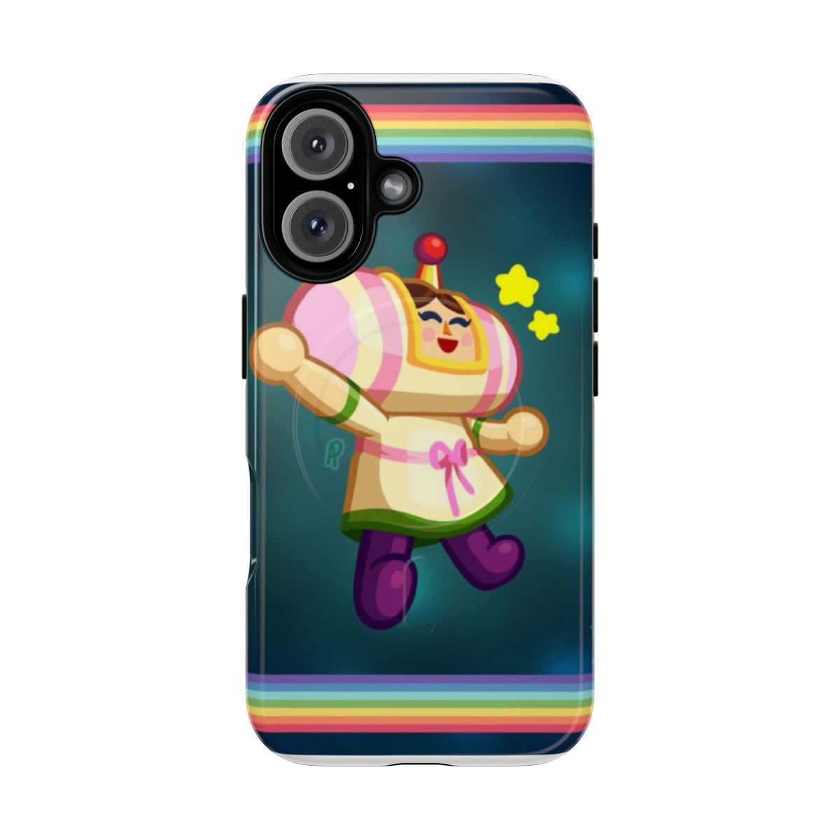 Colorful and whimsical phone case featuring a happy galaxy-inspired Katamari design