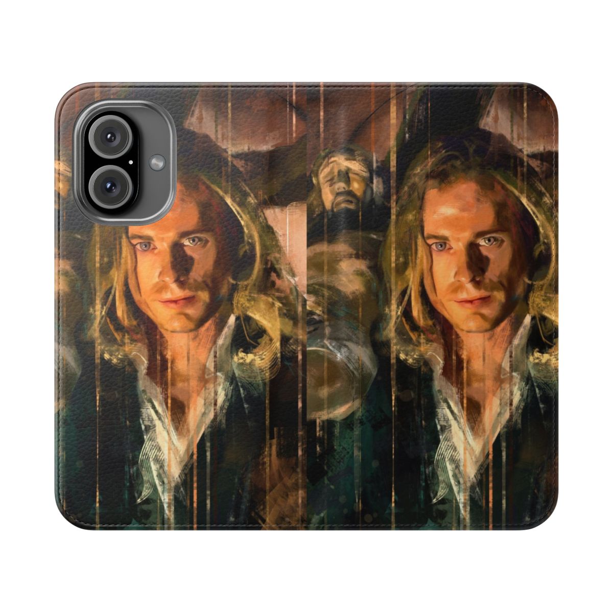 A flip cover phone case featuring a portrait with religious art design, including a crucifix, cross, and halo.