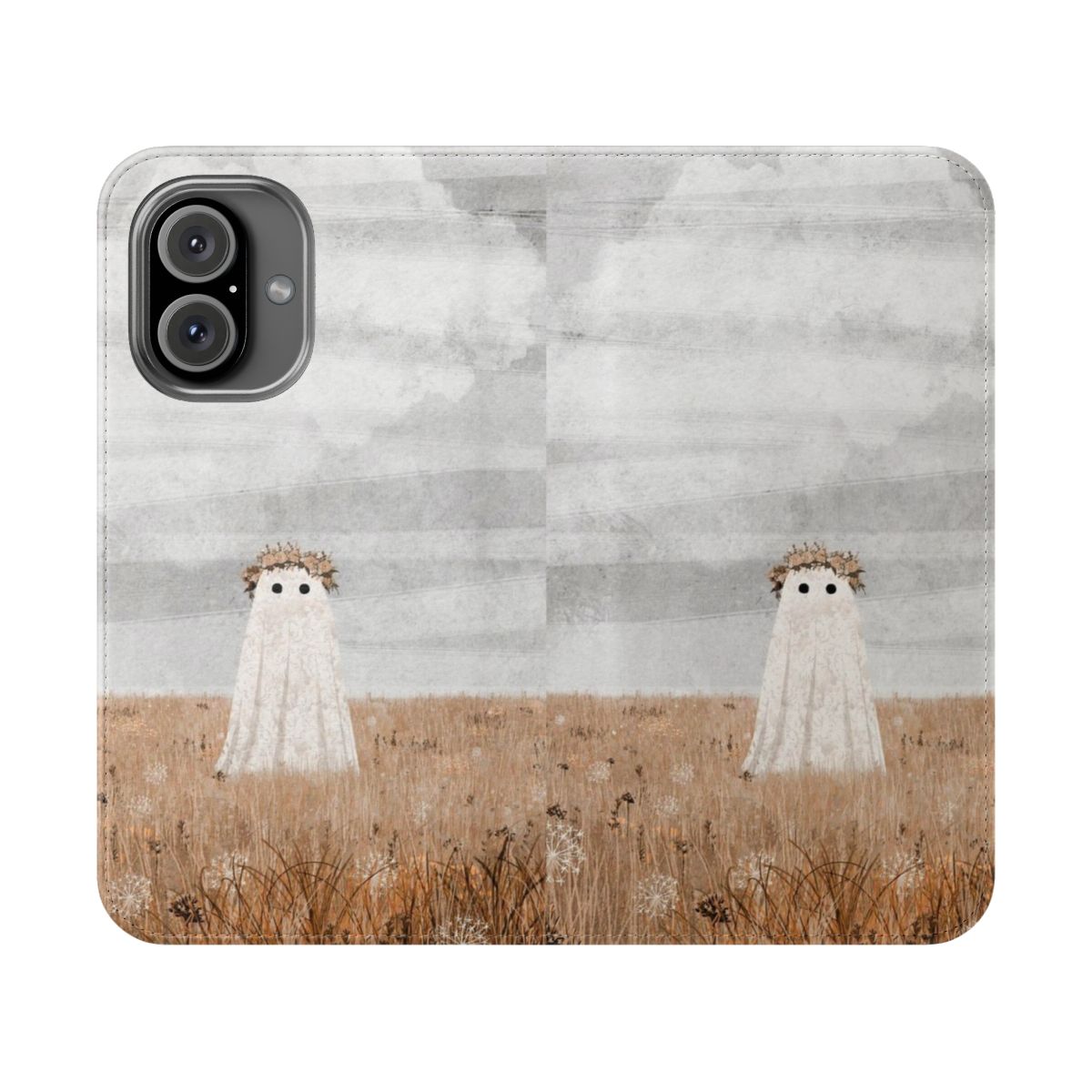 A flip cover phone case featuring a whimsical ghost design surrounded by beautiful wildflowers in a meadow setting.