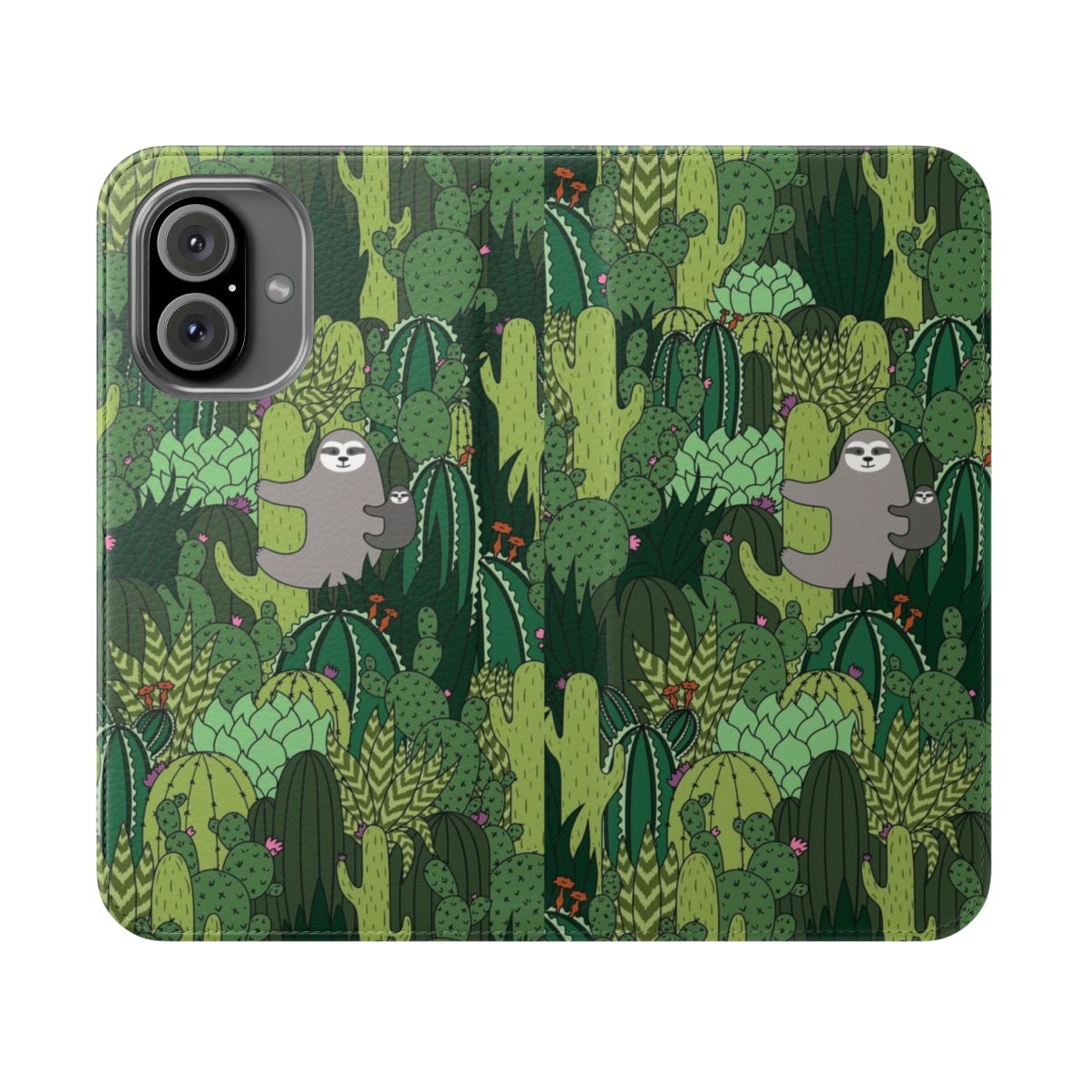 Cactus sloth-patterned flip phone case cover