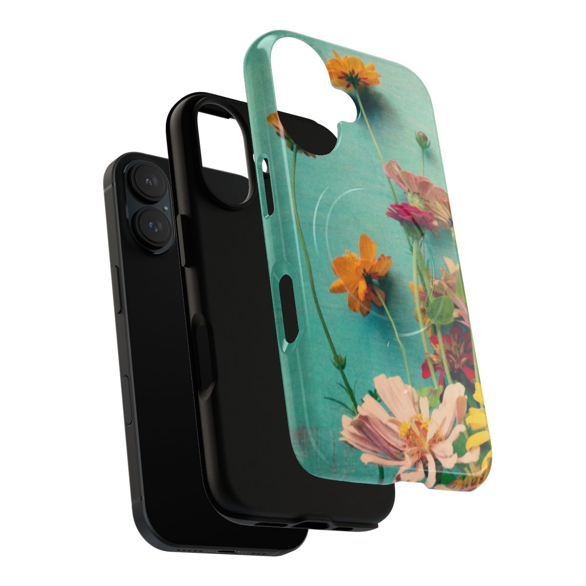 Rustic floral magnetic tough phone case with bouquet of cosmos, zinnias, and other botanical elements in aqua, blue, and orange tones. - Layers