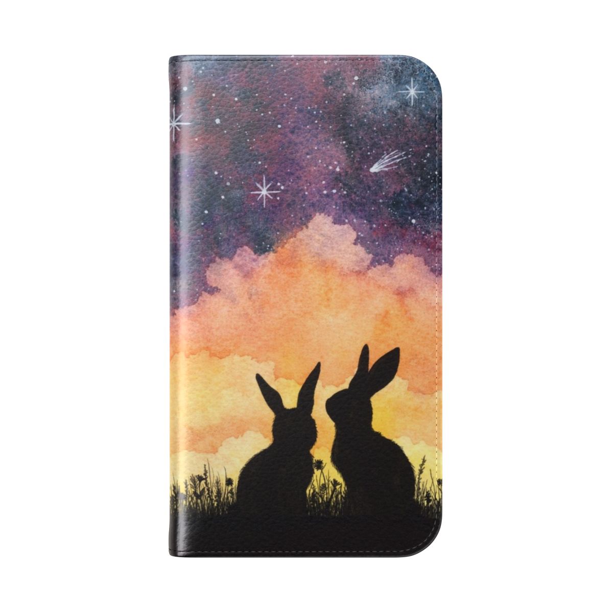 Watercolor illustration of a rabbit or bunny silhouette against a starry, cosmic background on a flip phone case. - Folded Back