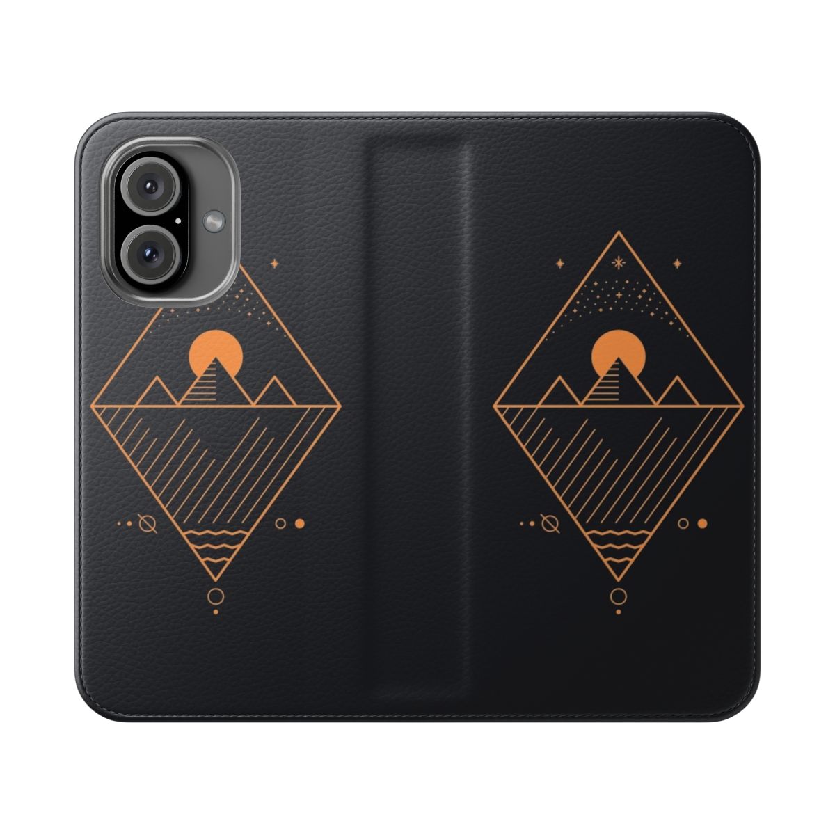 Minimalist sci-fi geometric phone case with line art, stars, and pyramids