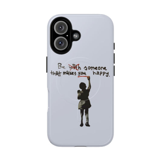 A phone case featuring a Banksy-inspired urban art design