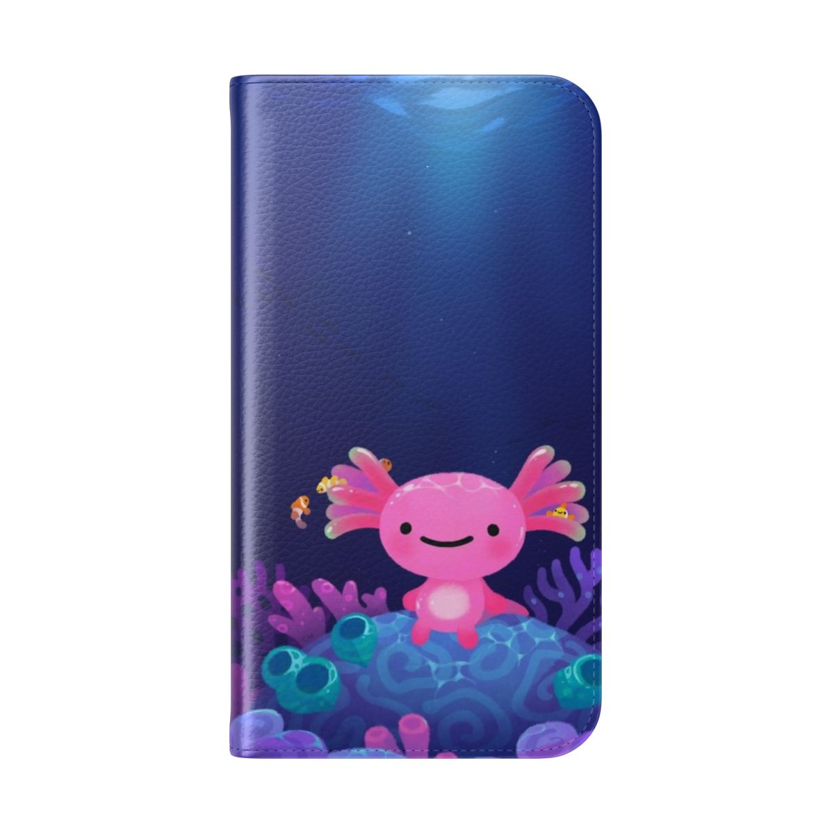 Coral axolotl themed flip cover phone case with a cute and kawaii design - Folded Back