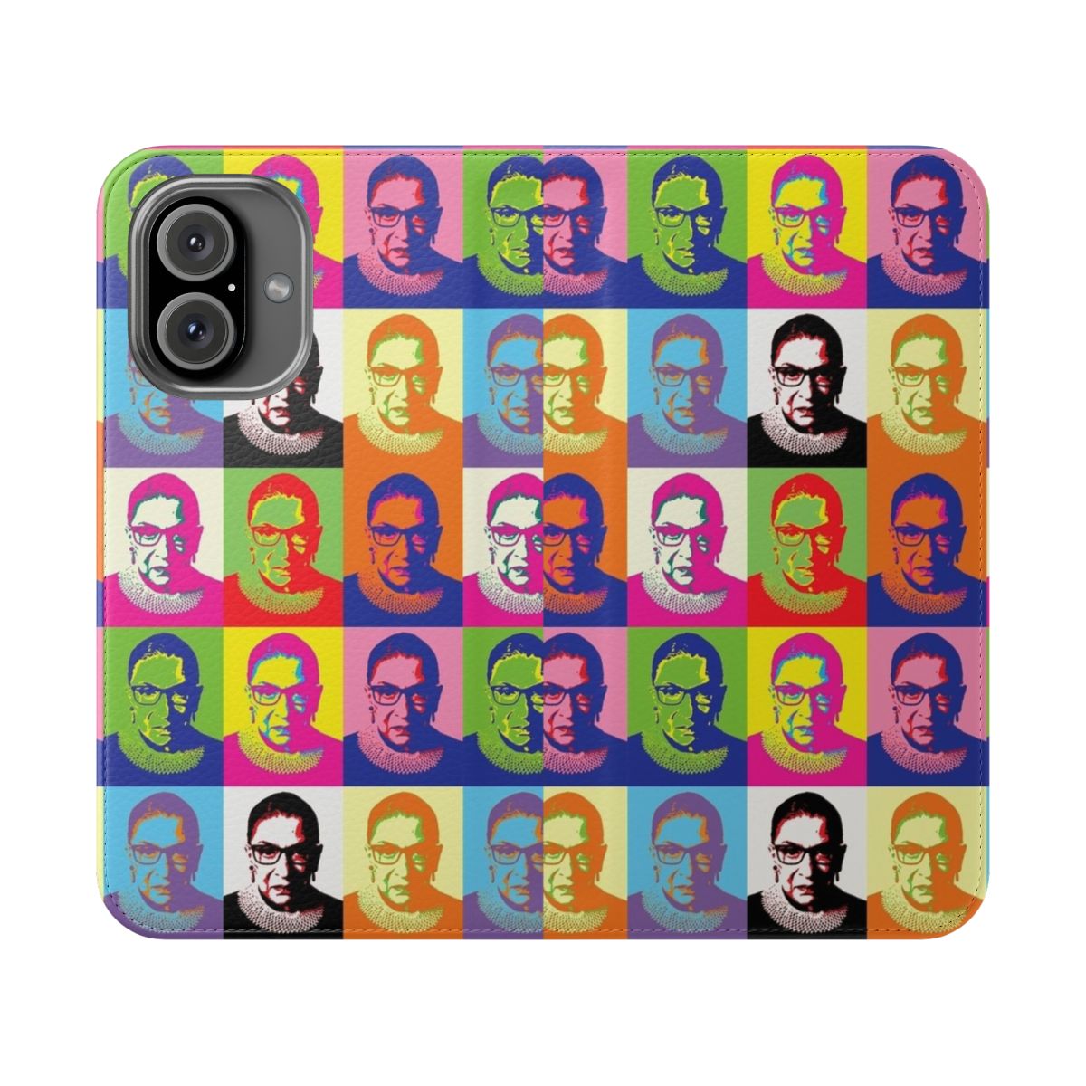 Stylish phone case featuring a vibrant pop art design of Ruth Bader Ginsburg, the pioneering Supreme Court Justice and feminist icon.