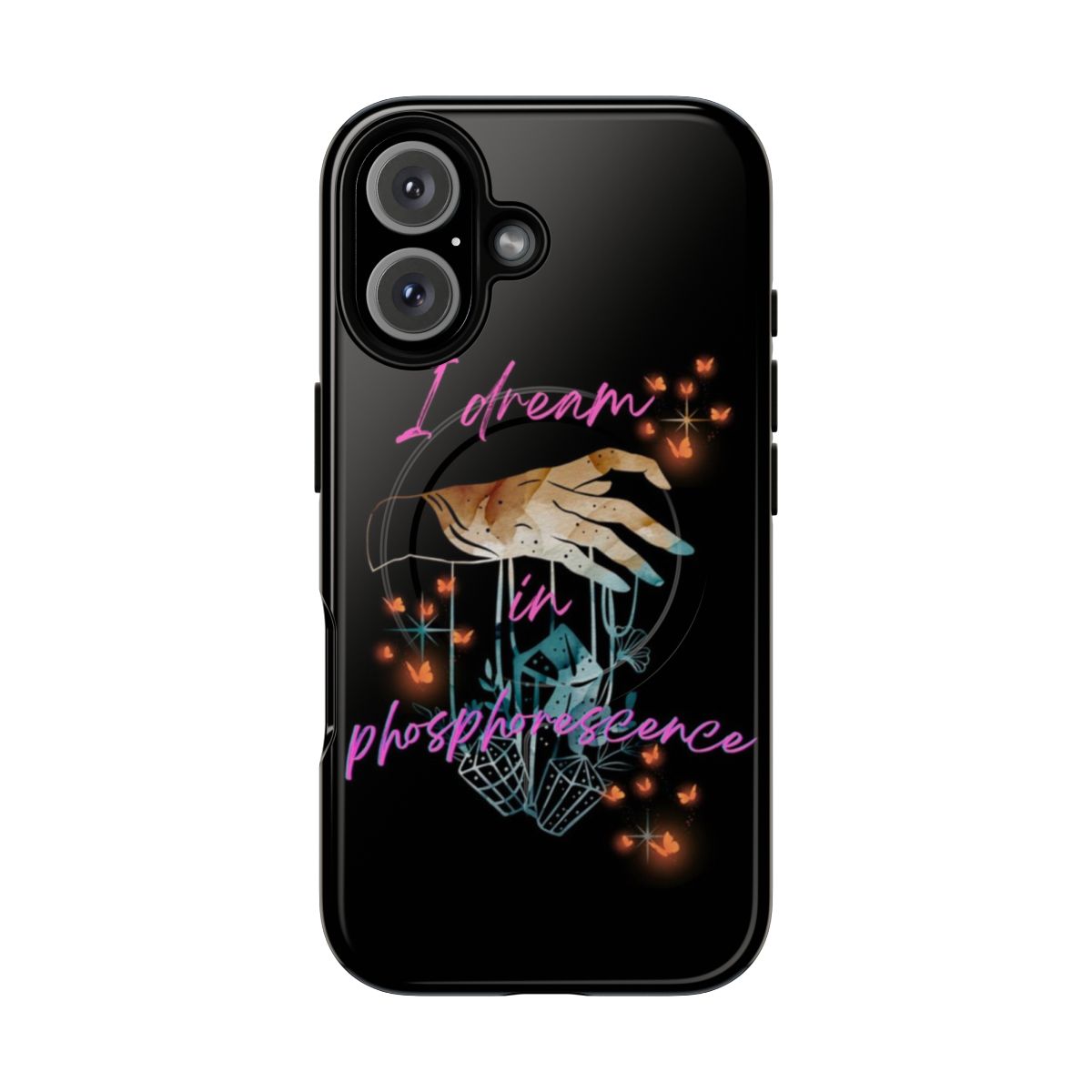 Artistic phone case with a watercolor design featuring butterflies, crystals, and a nature-inspired motif.