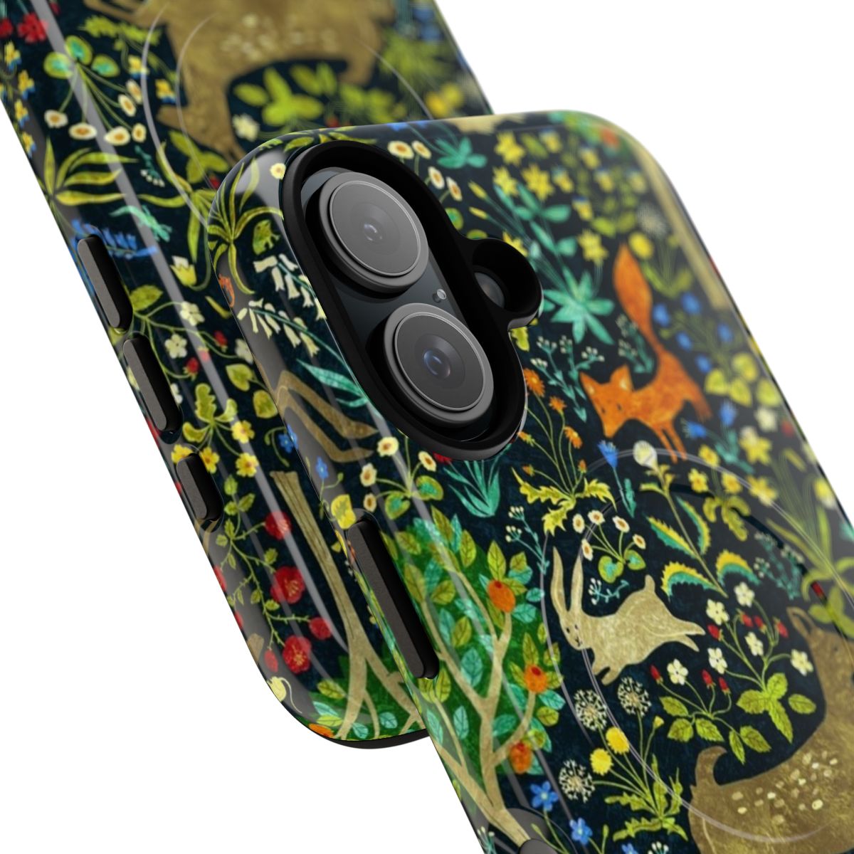 Magnetic phone case featuring a detailed medieval design with animals such as hares, rabbits, and deer in a forest setting. - Detail