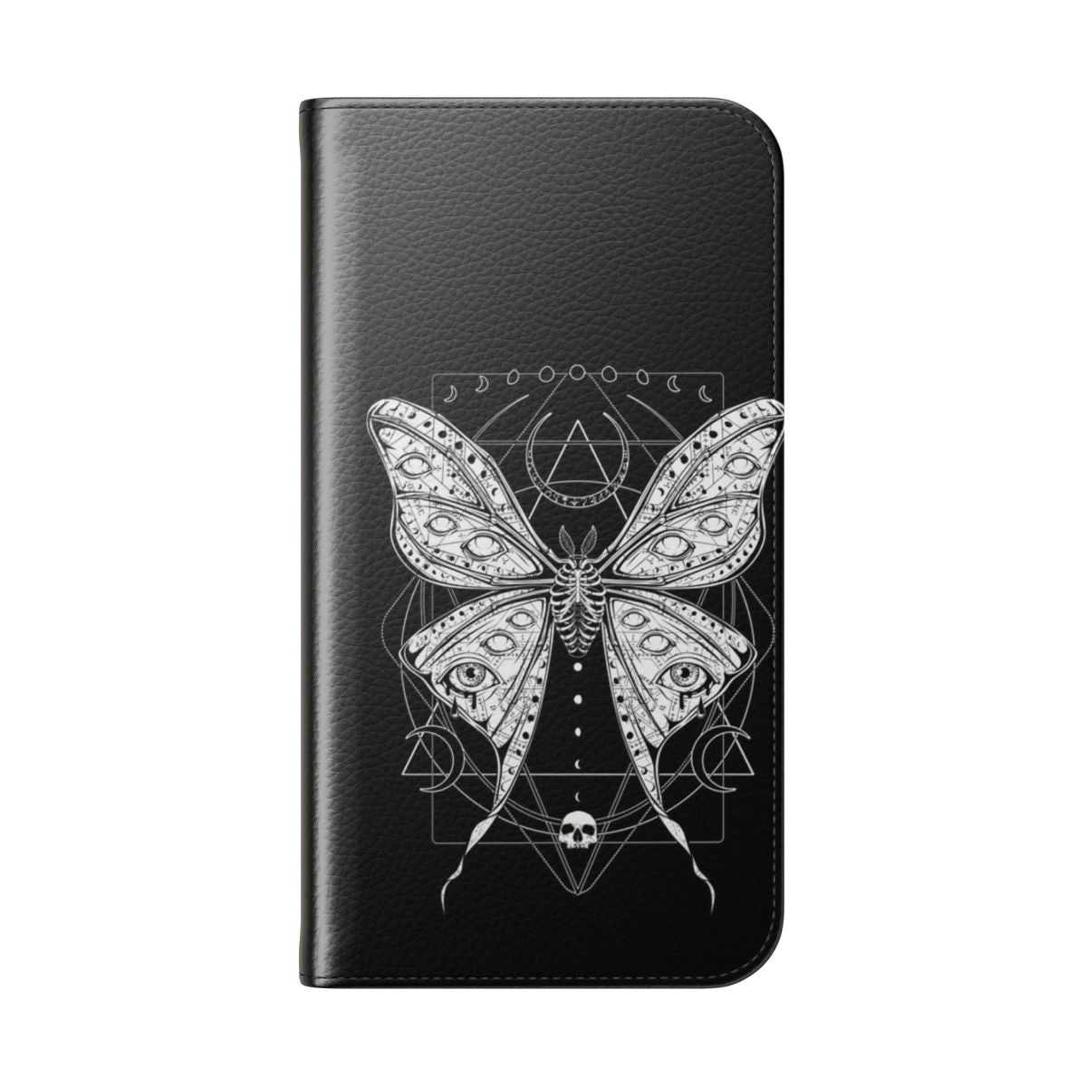 Artistic phone case featuring a detailed macabre luna moth design in a dark academia aesthetic. - Folded Back