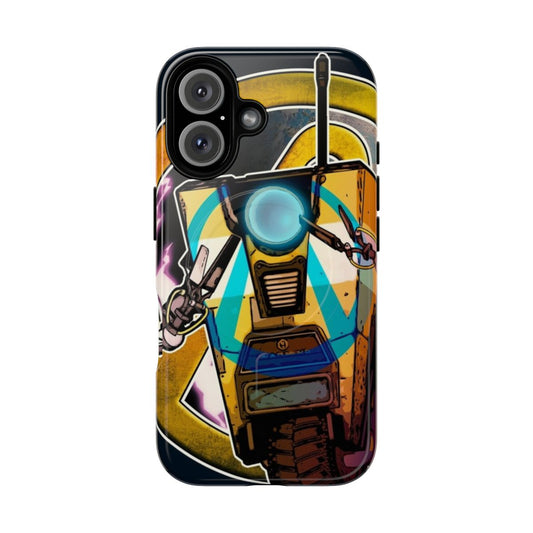 Borderlands-inspired phone case featuring Claptrap in a psycho pose and peace sign design