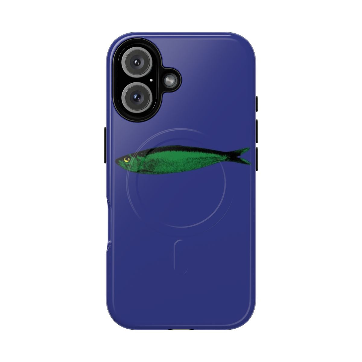 Vibrant green sardine-themed phone case with abstract pop art design