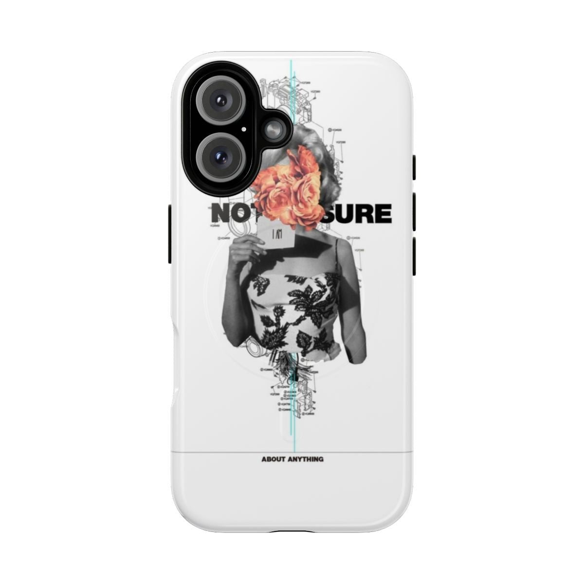 Artistic surrealist collage phone case featuring a woman, roses, and graphic design