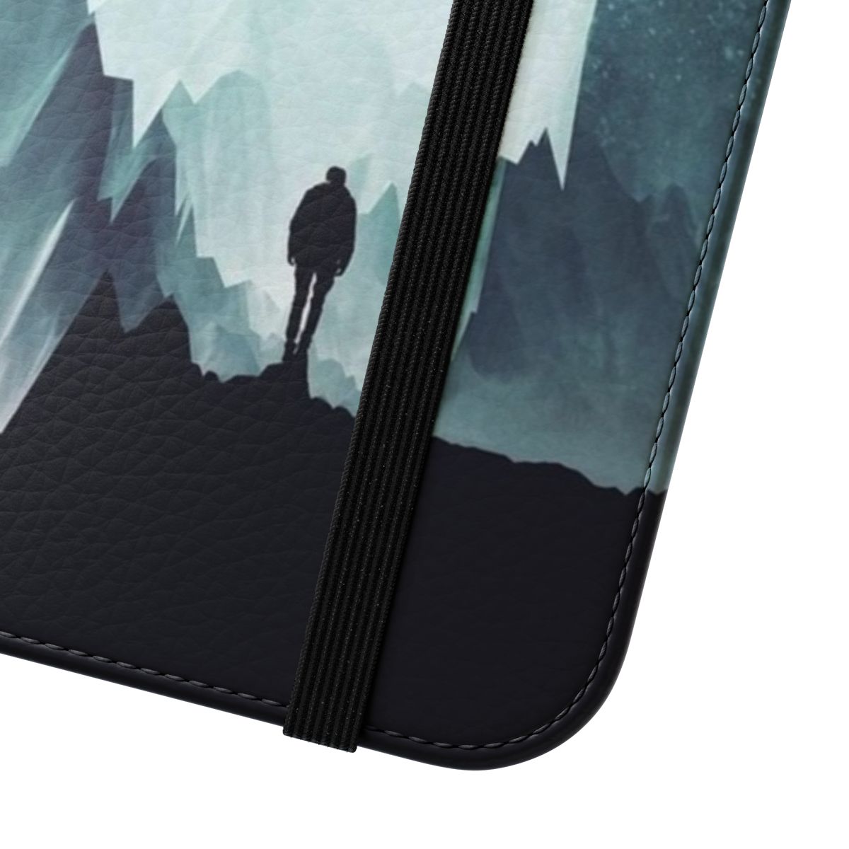 A stunning northern landscape phone flip cover case featuring a silhouetted figure against a starry night sky - Close Up