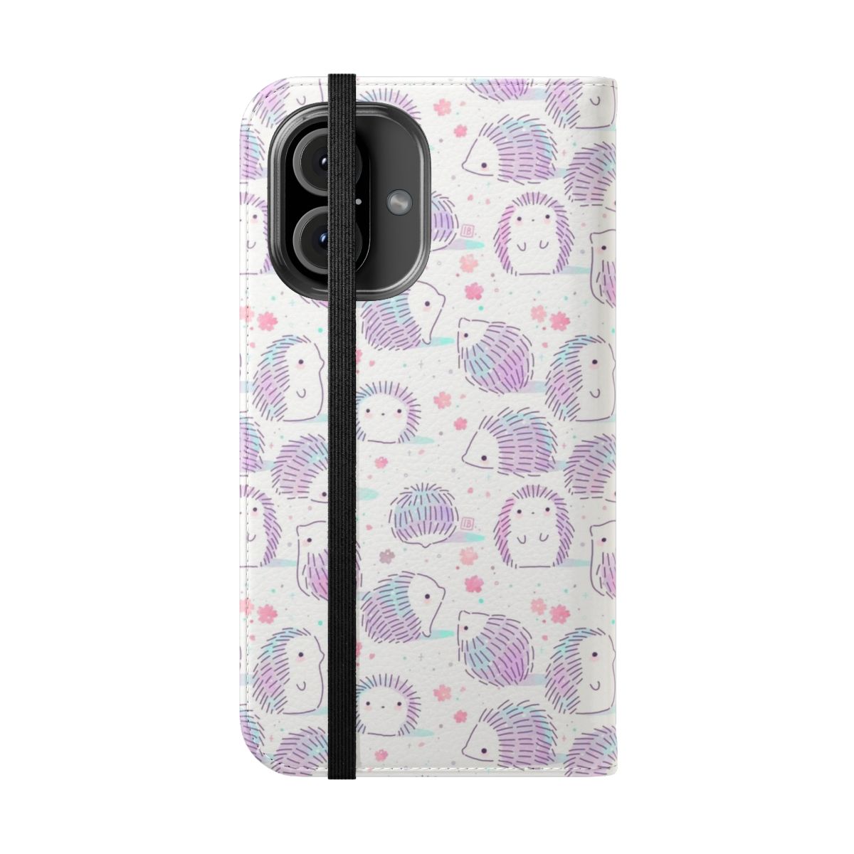 Hedgehog-patterned flip cover phone case with floral designs - Folded Front