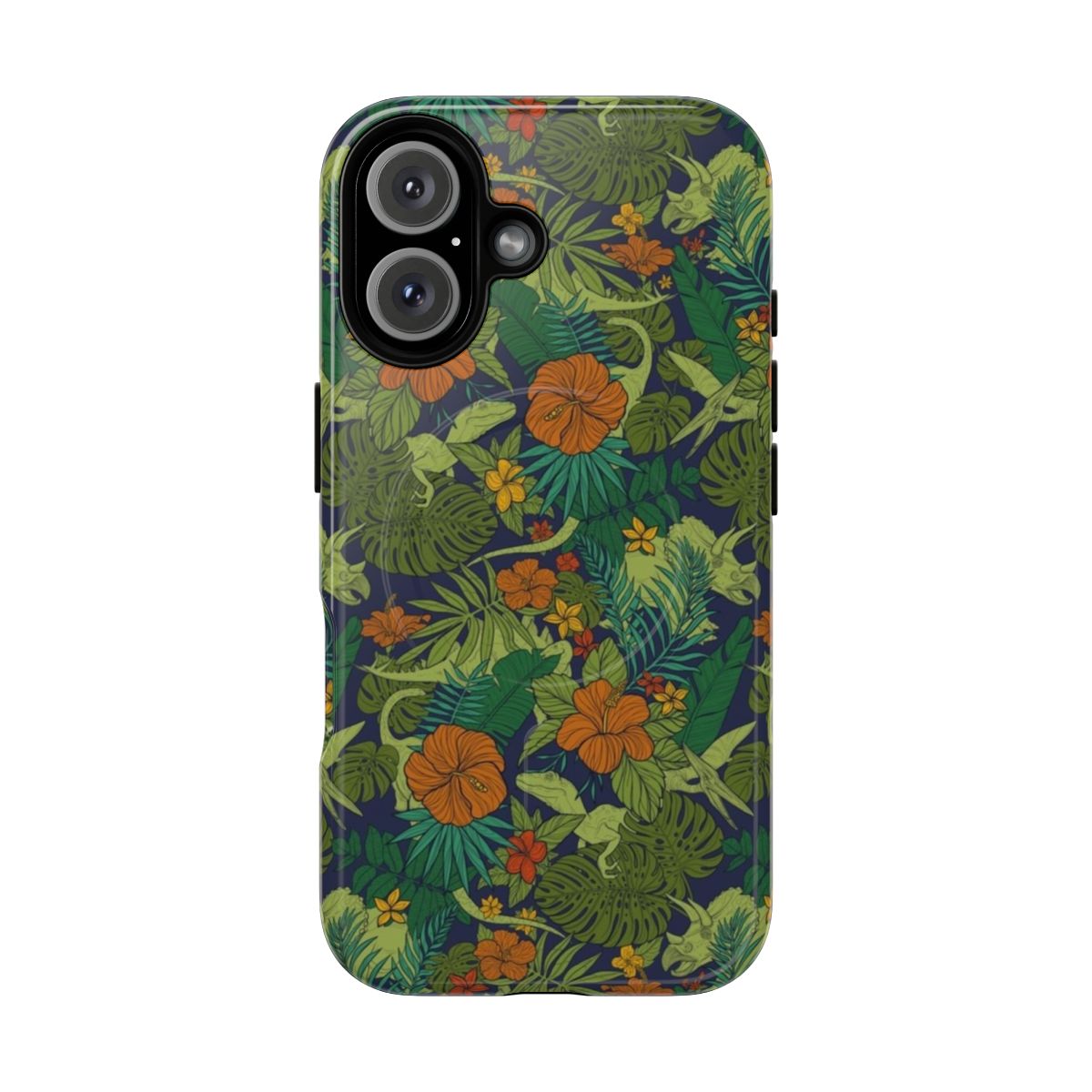 Vibrant dinosaur and tropical floral pattern phone case with a magnetic closure and tough construction.