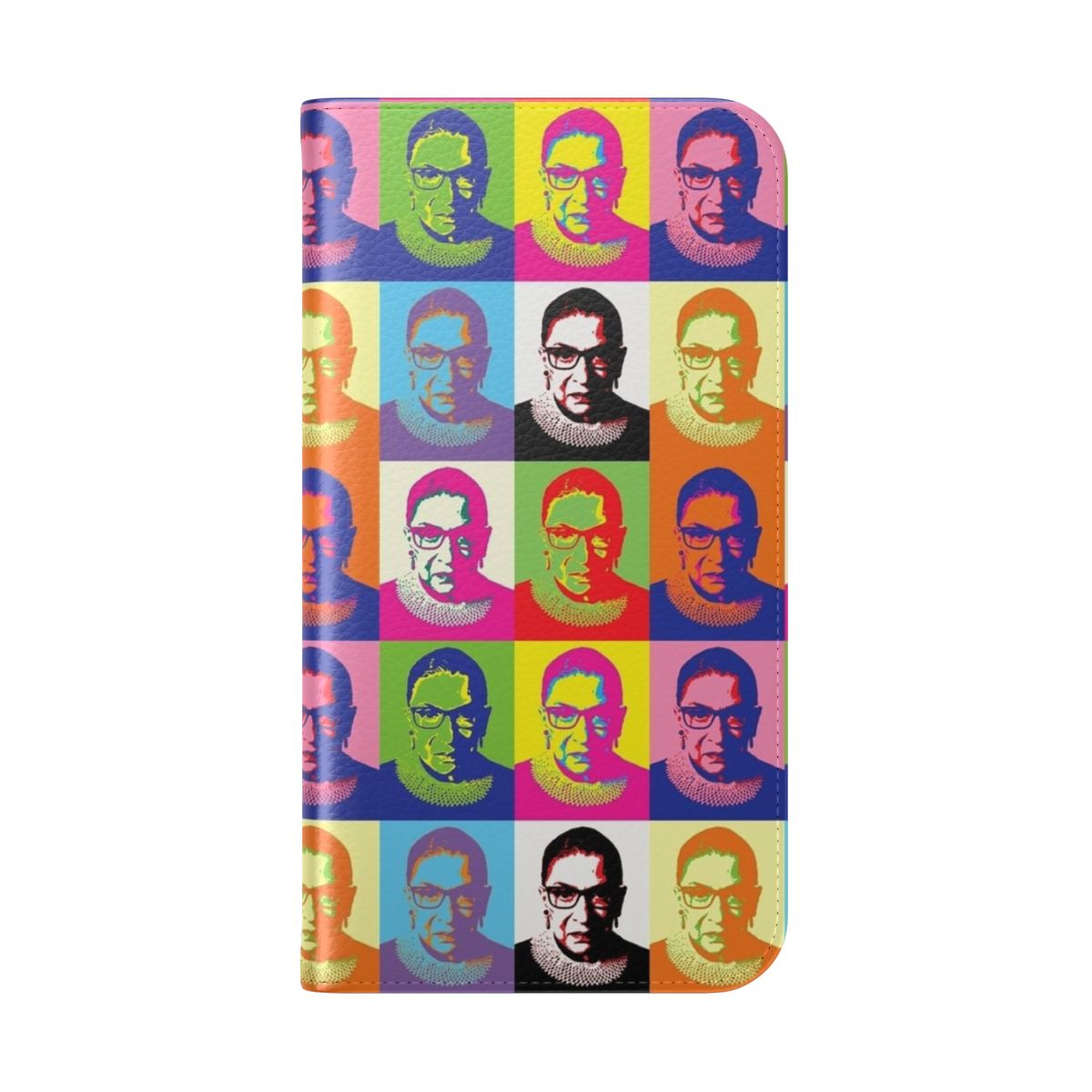 Stylish phone case featuring a vibrant pop art design of Ruth Bader Ginsburg, the pioneering Supreme Court Justice and feminist icon. - Folded Back