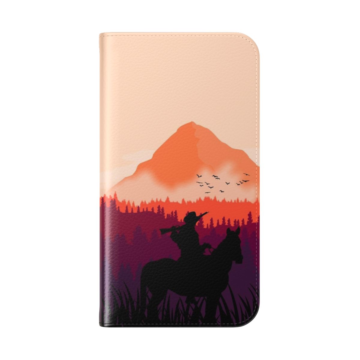 A phone case featuring a picturesque sunset landscape, reminiscent of the Red Dead Redemption 2 game world. - Folded Back