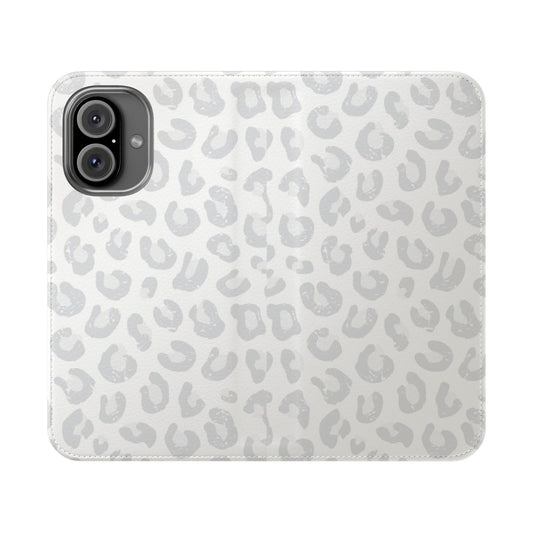 Leopard print flip cover phone case in silver gray and white