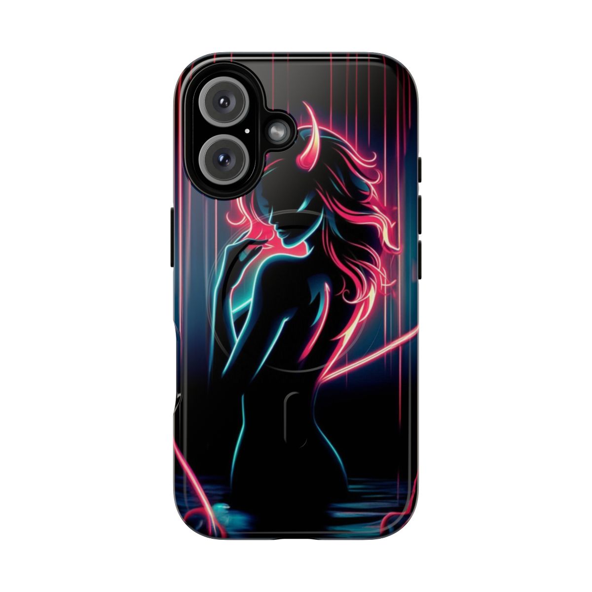 A haunting silhouette of a female demon or succubus, with horns and a dark, Gothic aesthetic, featured on a phone case.