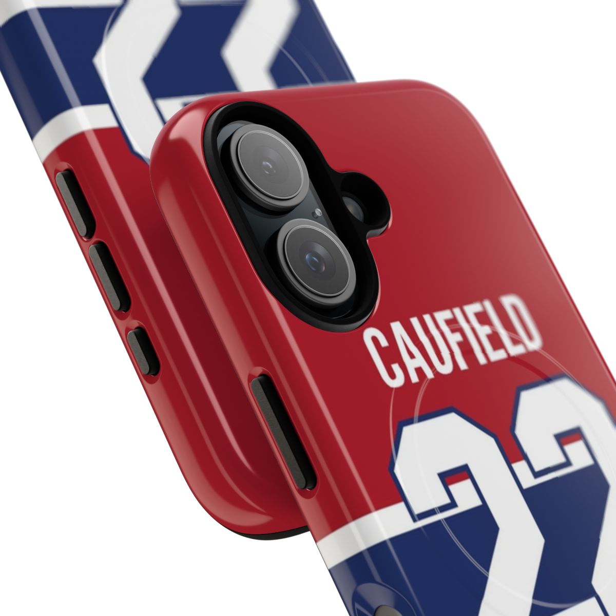 Magnetic phone case with Cole Caufield hockey player graphics and team colors - Detail