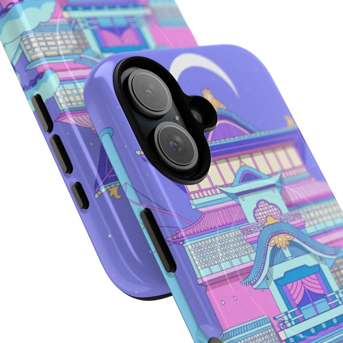 Retro Bath House Castle Magnetic Tough Phone Case, featuring a pink and blue vaporwave-inspired landscape with a Japanese castle. - Detail