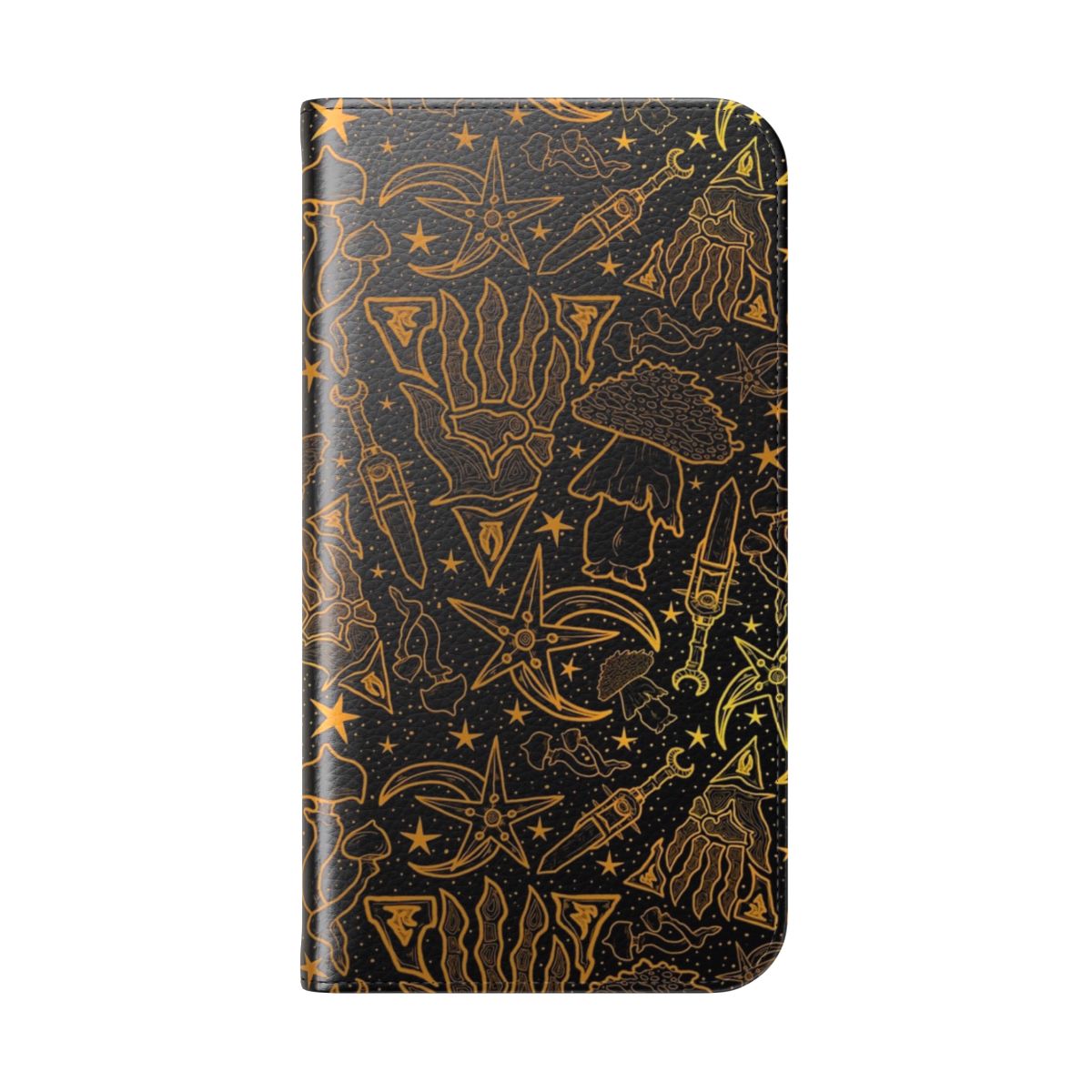 Dunmer-inspired fantasy RPG phone case with Morrowind-themed gold pattern design - Folded Back