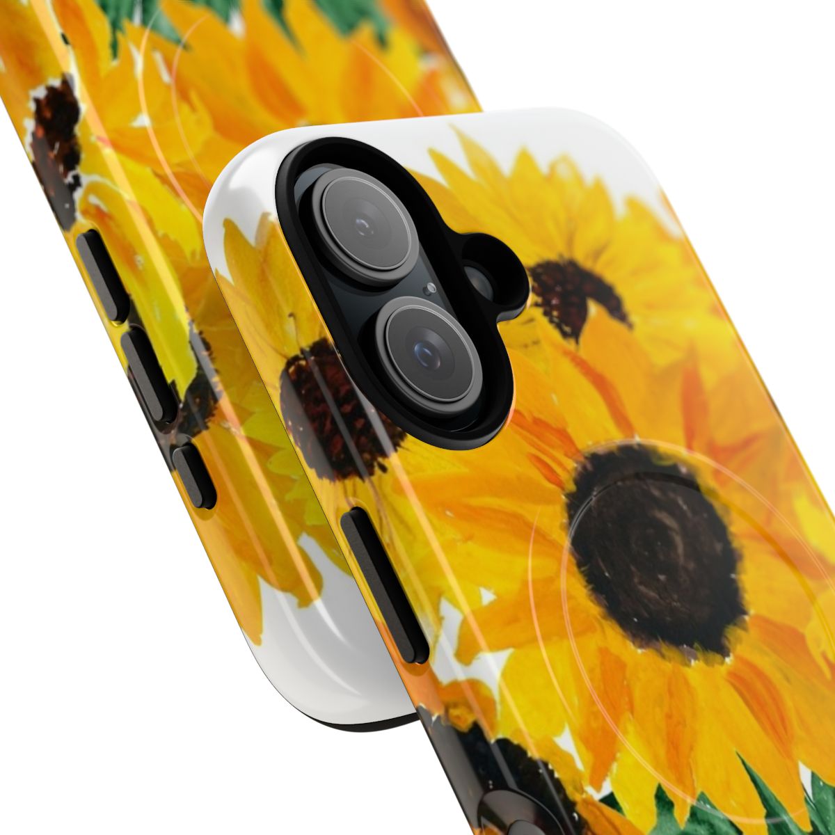 A colorful and vibrant phone case featuring a painted bouquet of sunflowers. - Detail