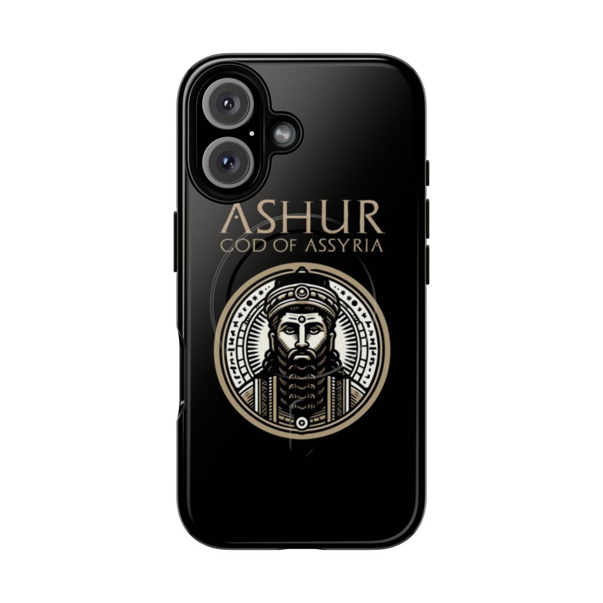 Detailed illustration of Ashur, the ancient Assyrian god, on a phone case.