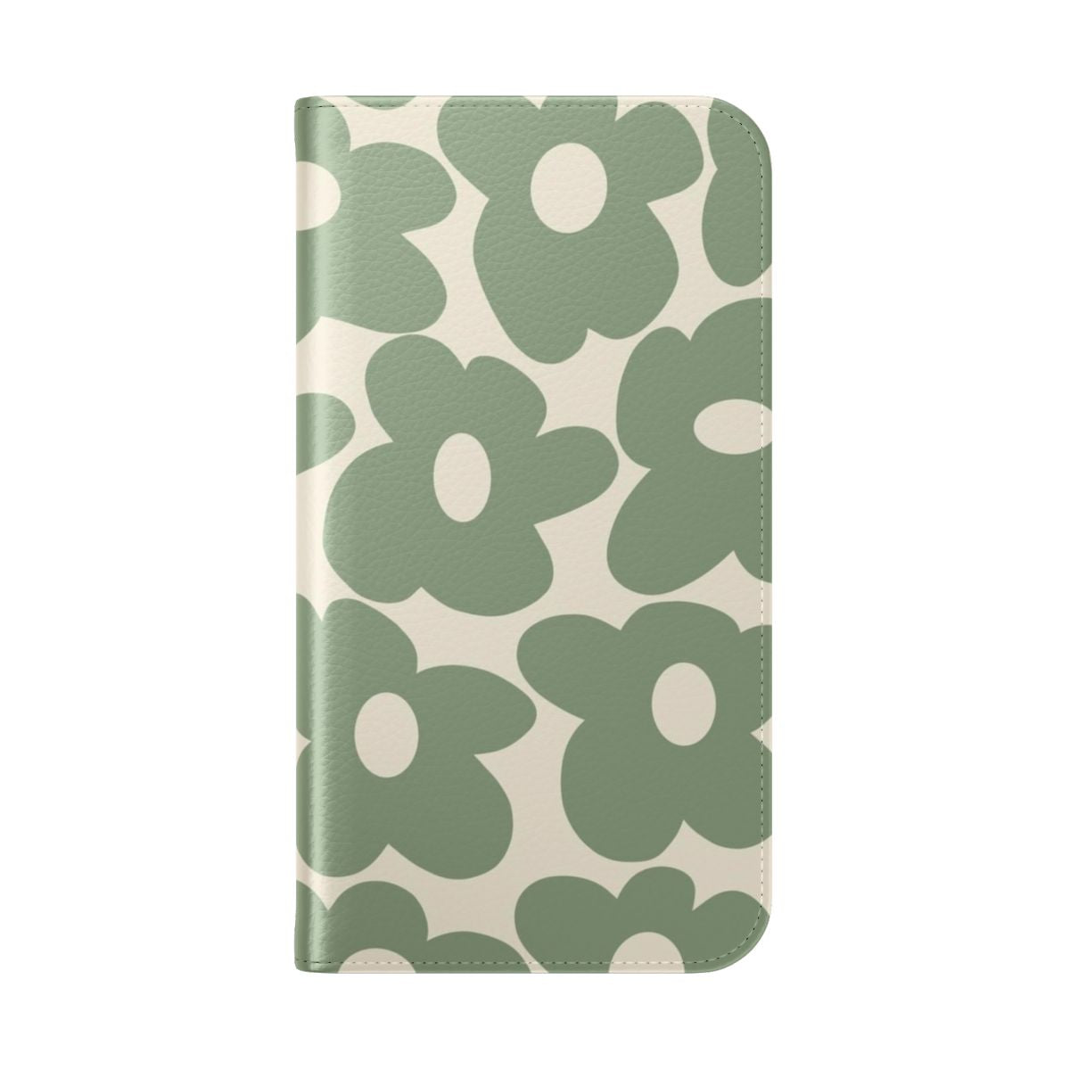 Sage green phone case with groovy, retro-inspired floral design - Folded Back