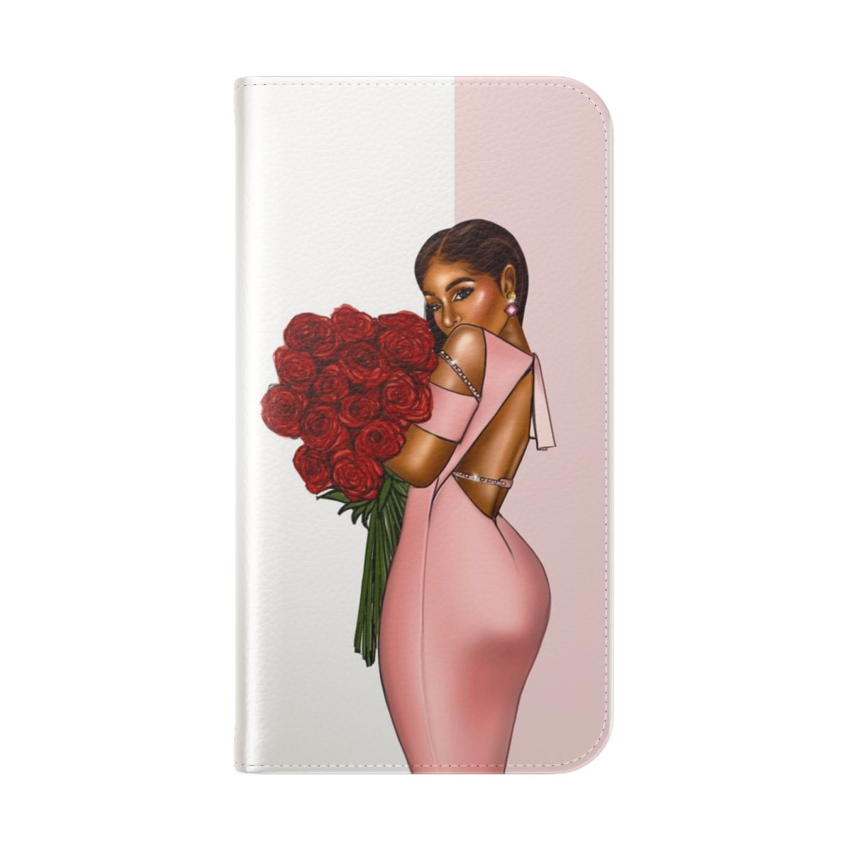 Stylish floral rose phone case design featuring a black girl with melanin-rich skin - Folded Back