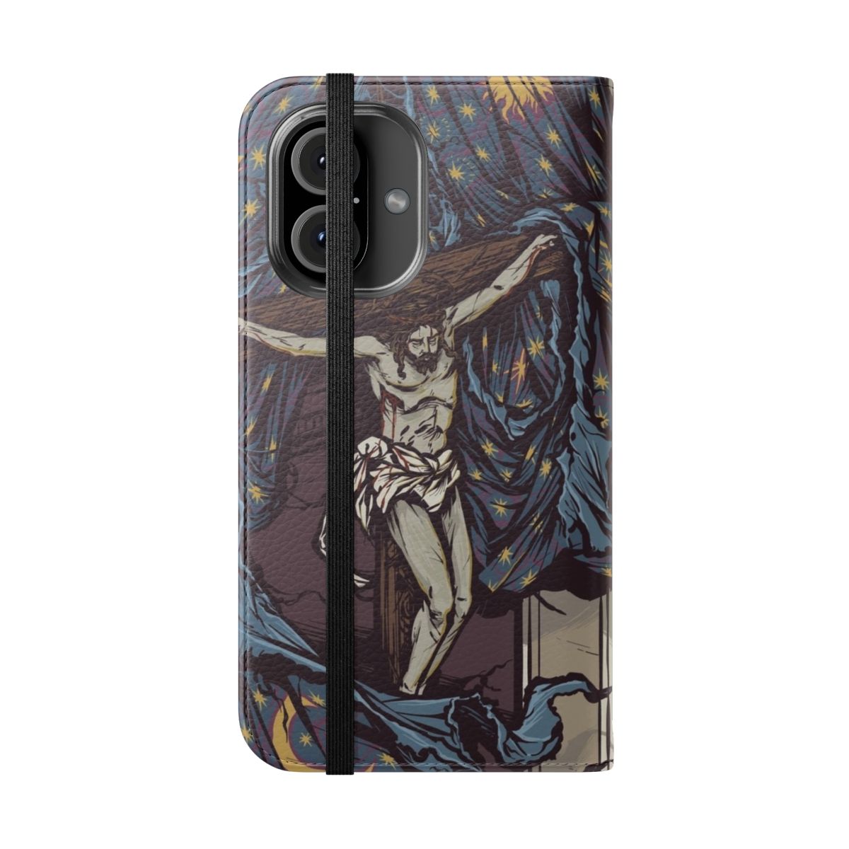 Flip cover phone case featuring a striking illustration of the Tearing of the Temple Veil, a powerful Christian symbol. - Folded Front