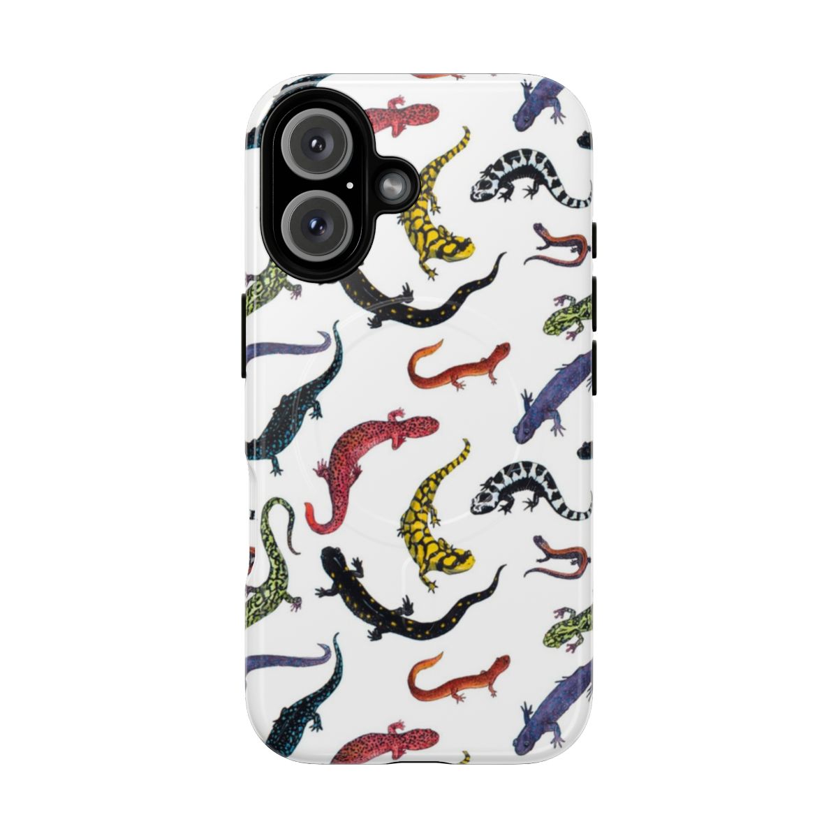 Watercolor painting of a colorful salamander on a phone case