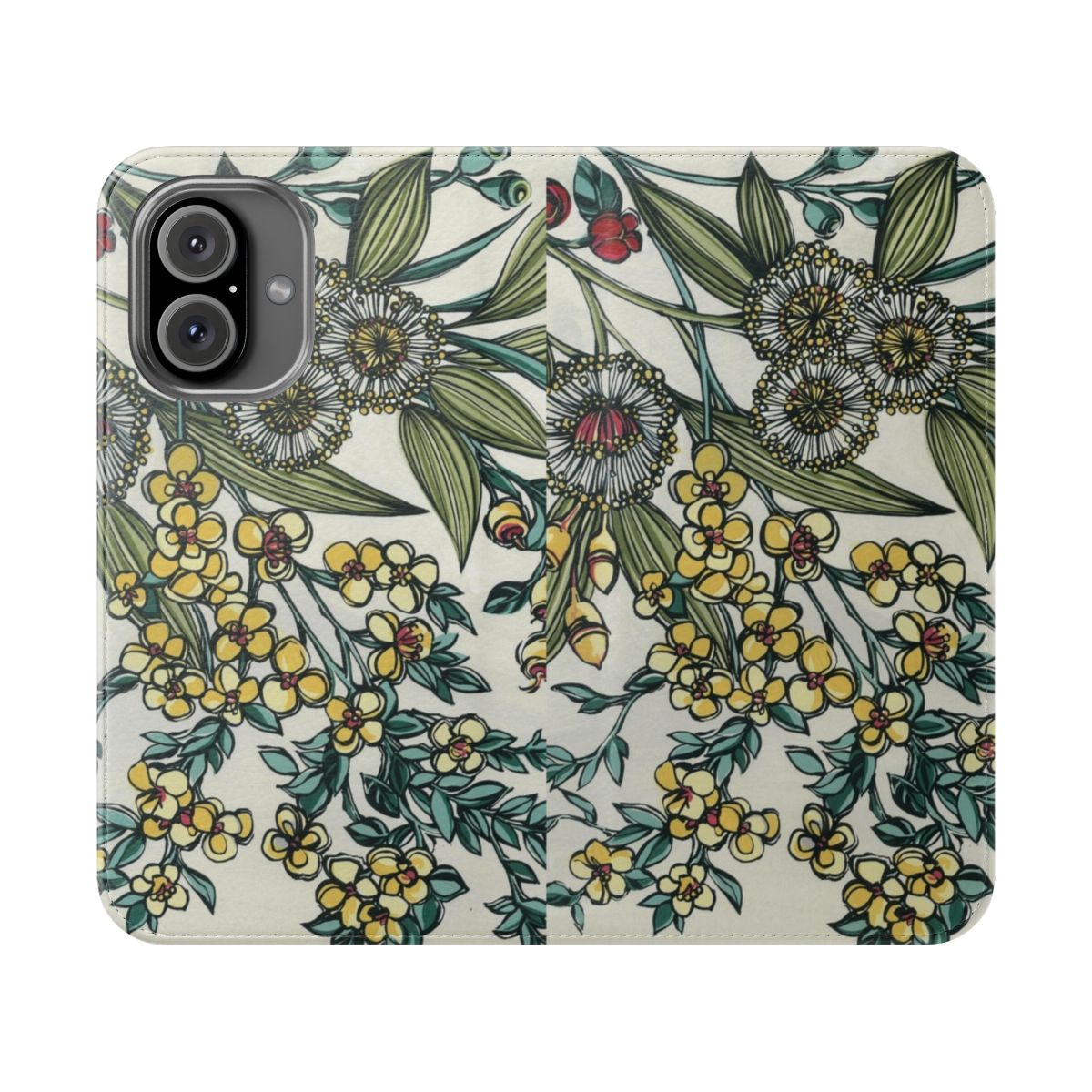 Handpainted retro phone case featuring Australian native flowers like wattle and gumflowers