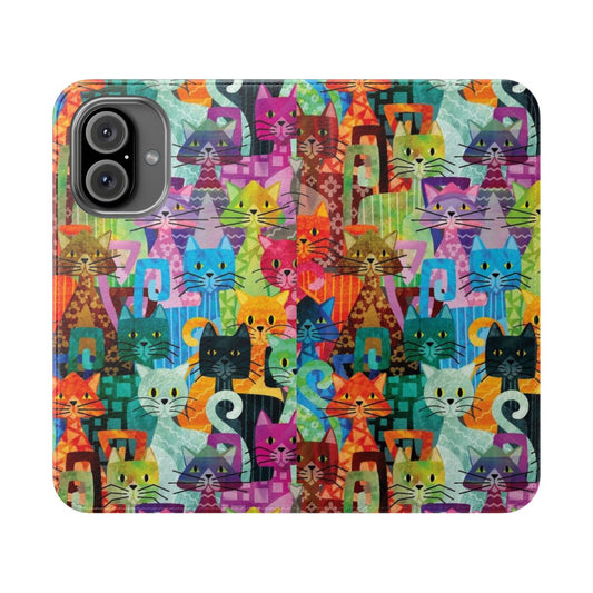 Vibrant and patterned flip cover phone case featuring a variety of cat design elements.