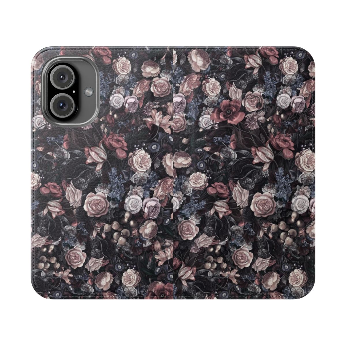 Vintage floral design phone case with muted poppy, peony, and rose patterns