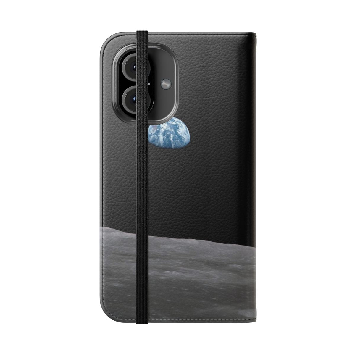 Flip cover phone case featuring an illustration of the Earth rising over the lunar surface, inspired by the historic Apollo 11 mission. - Folded Front