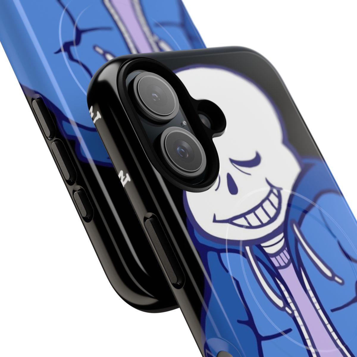 Skeleton-themed phone case with pixel art design, inspired by the video game Undertale - Detail