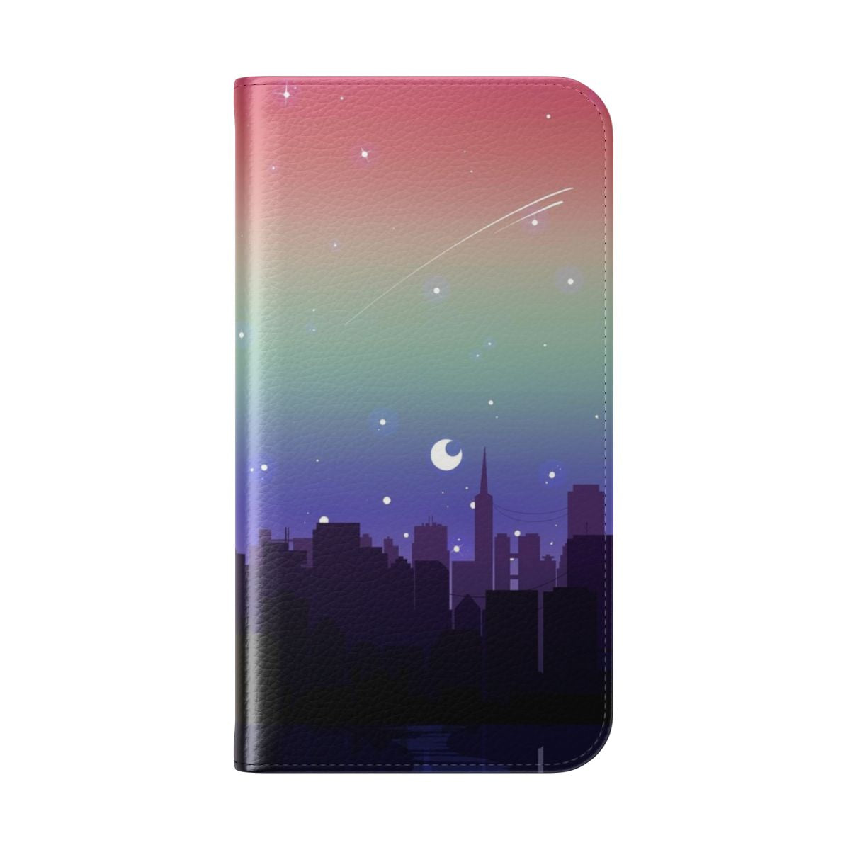 A vibrant phone case cover featuring a pixel art cityscape in pride flag colors against a starry night sky. - Folded Back