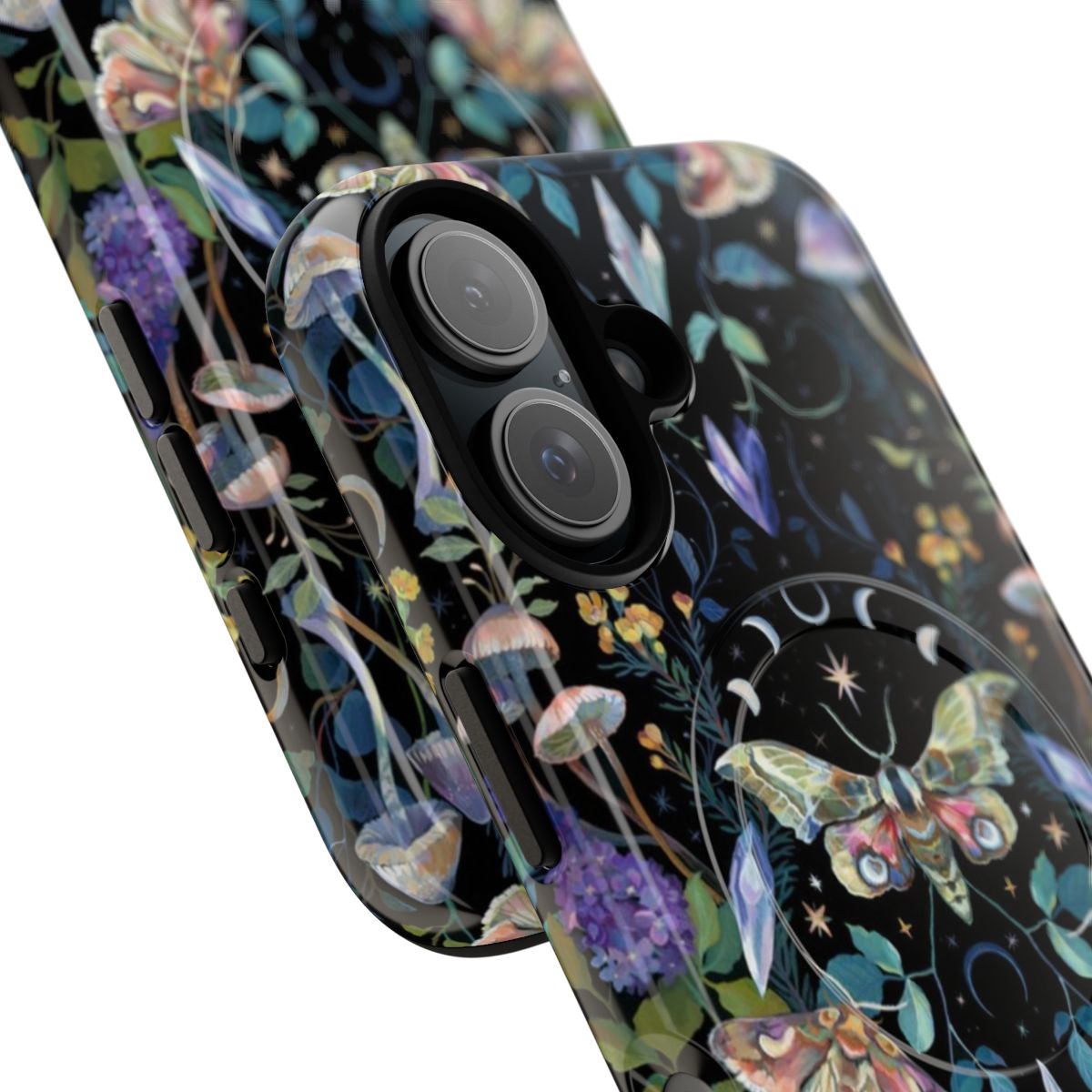 A crystal-embellished phone case featuring a mystical moth and mushroom design in a botanical, gouache style. - Detail