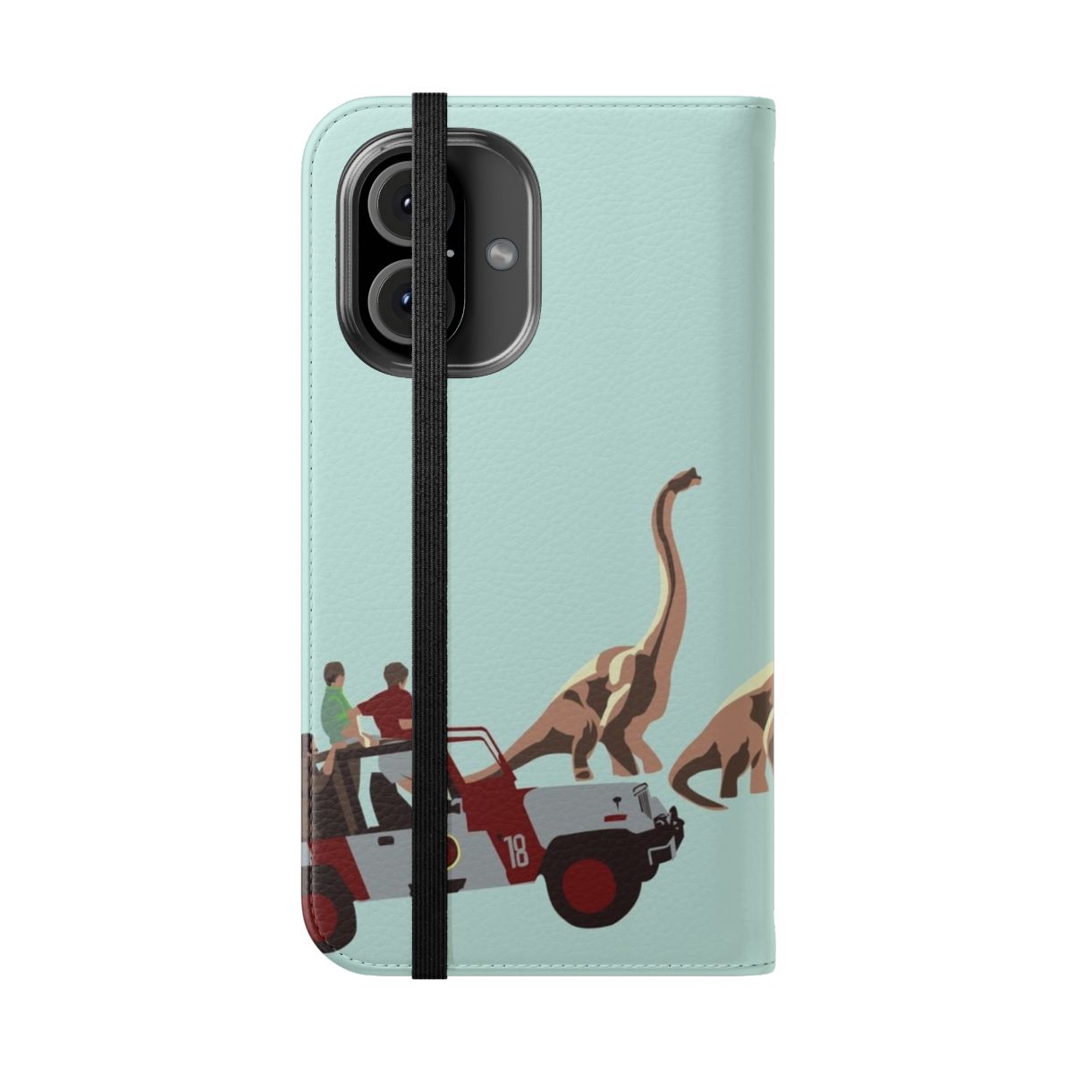 A flip phone case featuring a graphic design inspired by the Jurassic Park and Jurassic World movies, including vehicles and dinosaurs. - Folded Front