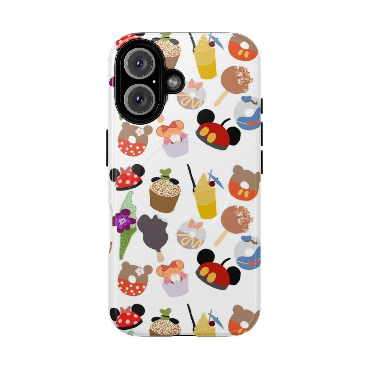 Magnetic tough phone case featuring colorful Disney inspired designs like Mickey Mouse, snacks, and treats.